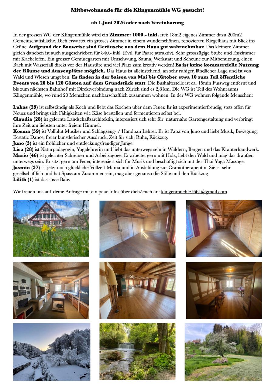Wohnraum in der Klingenmühle wird frei ab 1.Juni