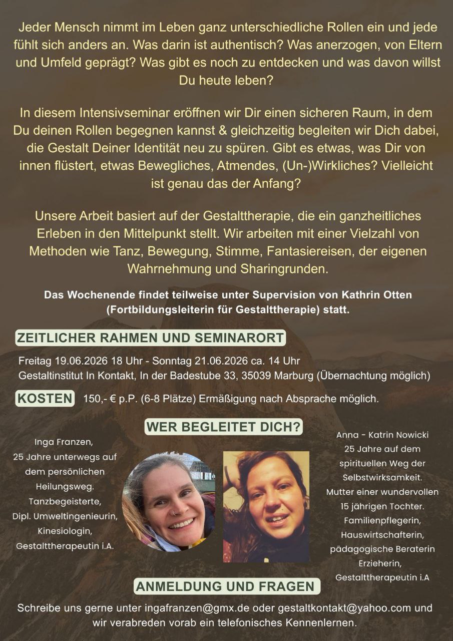 Gestalttherapeutisches Intensivseminar in Marburg vom 19.- 21.06.2026.